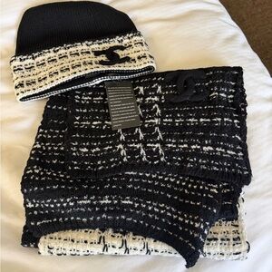 CHANEL Black and White Knit Hat and Scarf Set